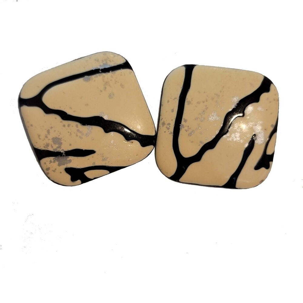 Retro Beige and Black Abstract Clip-On Earrings  Vintage 1980s Geometric Jewelry